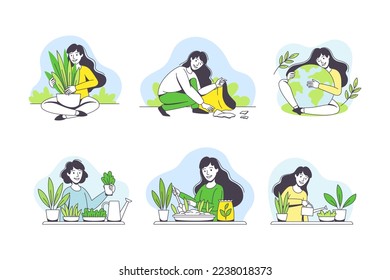 Saving Ecology with Young Woman Caring about Green Planet and Nature Vector Set