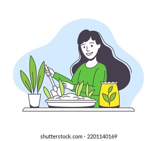 Saving Ecology with Young Woman Cultivating Plant in Pot Caring about Green Planet and Nature Vector Illustration