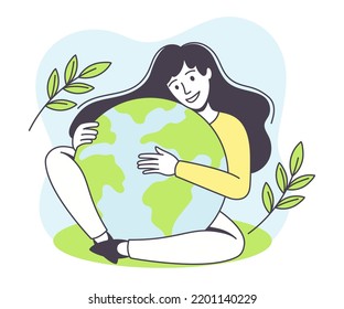 Saving Ecology with Young Woman Embracing Earth Globe Caring about Green Planet and Nature Vector Illustration