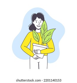Saving Ecology with Young Woman with Flowerpot Caring about Green Planet and Nature Vector Illustration