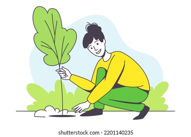 Saving Ecology with Young Woman Planting Seedling Caring about Green Planet and Nature Vector Illustration