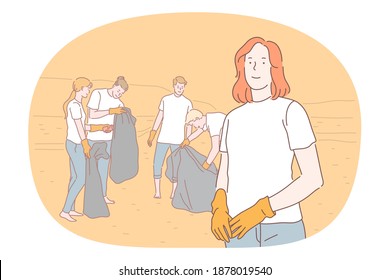 Saving ecosystem, ecology, environment cleaning volunteer concept. Group of young activists in gloves picking trash into big bag on beach. Collecting rubbish, cleaning, ecological support 
