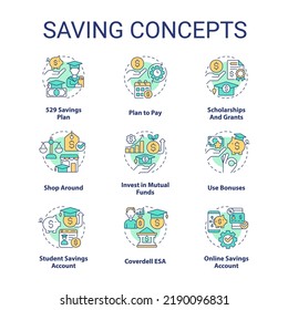 Juego de iconos de concepto de ahorro para la educación. Fondos financieros estudiantiles. Ilustraciones en color de la idea de pago en grupo. Símbolos aislados. Trazo editable. Fuentes Roboto-Medium, Myriad Pro-Bold utilizadas