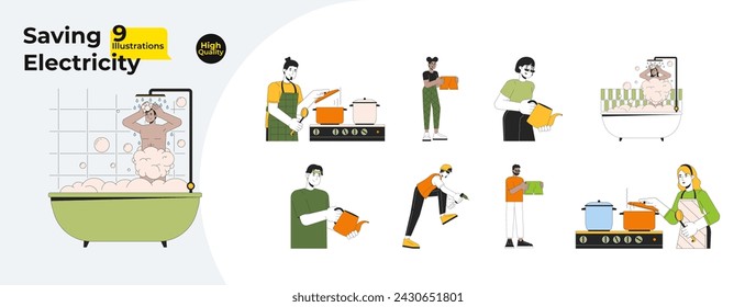 Saving electricity at home line cartoon flat illustration bundle. Diverse adults 2D lineart characters isolated on white background. Housework chores, cooking on stove vector color image collection