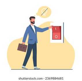 Saving electricity, man turns off circuit breaker. Business man press switch light. Lowering utility bills. Ecology lifestyle. Cartoon flat illustration. Vector conservation concept