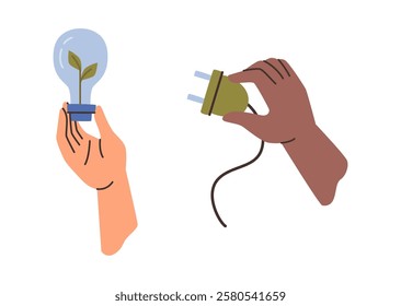 Saving electricity and power, ecological awareness. Vector isolated hands holding bulb with green leaf and socket with cable. Renewable sources of energy for household, care for environment