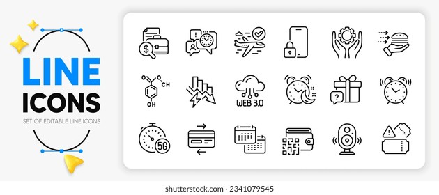 Saving electricity, Web3 and Confirmed flight line icons set for app include 5g internet, Chemical formula, Alarm clock outline thin icon. Lock, Alarm, Calendar pictogram icon. Speaker. Vector