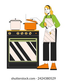 Saving energy by cooking with lid line cartoon flat illustration. Caucasian woman putting lid on pot 2D lineart character isolated on white background. Heating food quickly scene vector color image