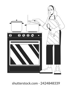 Saving energy by cooking with lid black and white cartoon flat illustration. Caucasian woman putting lid on pot 2D lineart character isolated. Heating food quickly monochrome vector outline image