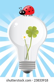 saving energy cartoon vector illustration, with happy ladybug on light bulb