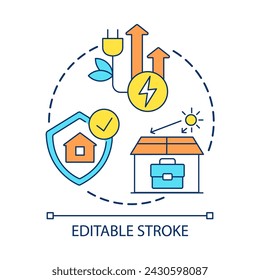 Saving energy consumption concept icon. Reduce power usage. Sustainable house. Eco-friendly abstract idea thin line illustration. Isolated outline drawing. Editable stroke. Arial font used