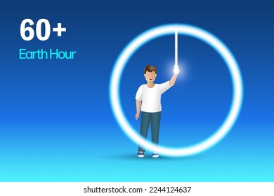 Ahorro de energía, concepto de hora de la Tierra. el hombre apaga la bombilla para ahorrar energía. Día mundial del medio ambiente, Día de la Tierra para el medio ambiente sostenible. Ilustración vectorial.