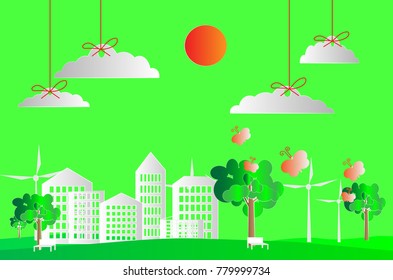 Saving energy for green earth concept, white building city and wind turbines with sun clouds hanging above it with green background, vector art and illustration.