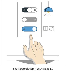 Saving energy, hand turning off the lights, electric switch, wall outlet and plug, energy efficiency. People press switch light illustration concept. Illustration for websites, landing pages. 2622