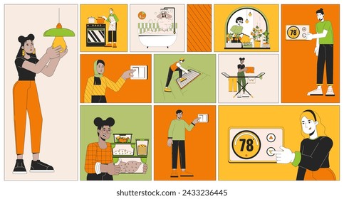 Saving energy at home bento grid illustration set. Lower electricity costs home appliances 2D vector image collage design graphics collection. Multicultural people flat characters moodboard layout