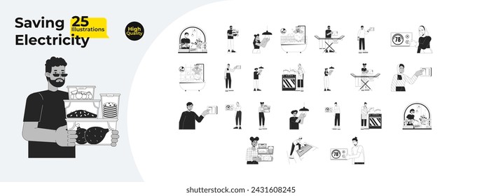 Saving energy at home black and white cartoon flat illustration bundle. Multicultural people 2D lineart characters isolated. Lower electricity costs ways monochrome vector outline image collection