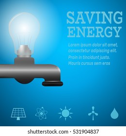Saving energy home concept.Luminous bulb on kitchen bathroom faucet,blue luminous background with Alternative energy resource logos-solar panel,fusion power,solar electricity,wind turbine,hydro energy