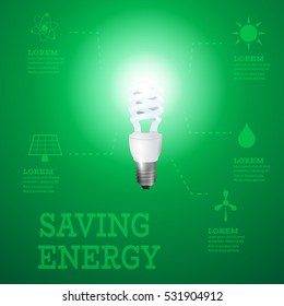 Saving energy home concept.Luminous bulb on green Luminous background, Sustainable energy resources logos-solar panel,fusion power,sun electricity,wind turbine,hydro energy.Sustainable energy concept