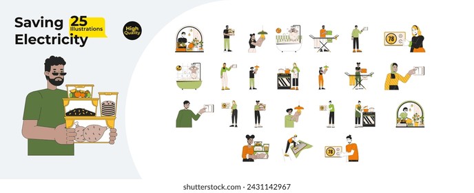 Ahorro de energía en el paquete de ilustración plana de dibujos animados de línea casera. Personajes 2D lineart de personas multiculturales aislados sobre fondo blanco. Menor costo de electricidad formas de colección de imágenes vectoriales en color