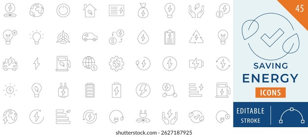 Conjunto de colección de iconos de ahorro de energía: trazo editable. 