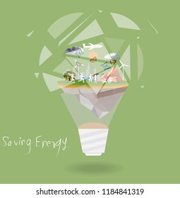 Saving energy lamp bulb broken, inner with landscape polygon, people and mountain polygon with cloudy sun background, with green backdrop. triangle and geometric shape design, vector art ,illustration