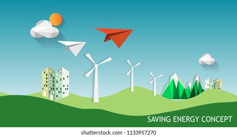 Saving energy landscape background vector , building isometric and paper airplane flying with cloudy polygon and sun blue sky background, saving earth planet concept, vector art and illustration.