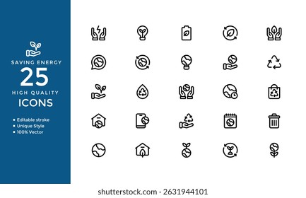 Ícones da linha de economia de energia - Símbolos vetoriais editáveis para conceitos ecologicamente corretos, sustentabilidade, reciclagem, planeta verde, energia renovável e conservação ambiental
