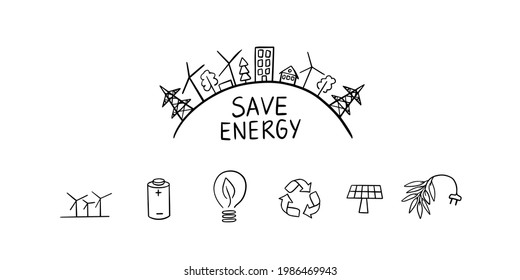 Saving energy poster. Electric plug, solar panel battery, wind turbines, bulb isolated on white background. Outline hand drawn illustrations. Recycling eco friendly sustainable zero waste technology.