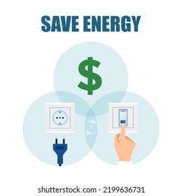 Ahorrar energía y reducir el concepto de facturas de energía. Vector de aparatos desenchufados cuando no se utilizan y apagan las luces