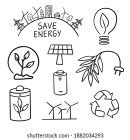 Saving energy set. Electric plug, solar panel battery, wind turbines, bulb isolated on white background. Outline hand drawn illustrations. Recycling eco friendly sustainable zero waste technology.
