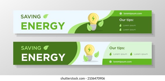 Saving energy social media header set, electricity use web banner concept, sustainable living abstract horizontal marketing ad, eco friendly cover advertisement, isolated.