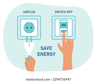 Saving energy tips. Efficient use of electricity and turning off outlets. Unplug appliances and off lights at home and house. Inflation or economic recession effect. Cartoon flat vector illustration