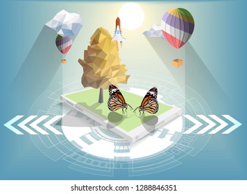 saving energy  tree mobile isometric vector,yellow or gold tree polygon and balloon colorful,white clouds polygon and spacecraft on mobile phone with cyber technology circuit blue background,vector.