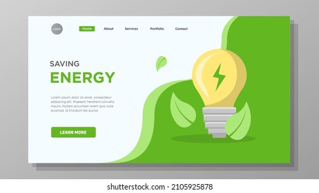 Plantilla de página web de ahorro de energía, concepto de página web de electricidad verde, fondo de vida sostenible, bombilla con hojas de aterrizaje abstracto, página móvil, aislado.