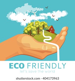 Saving of environment poster with countryside and ecosystems at palm on blue background vector illustration