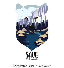 Saving of environment poster with landscape and bear. Vector illustration. Eps 10.