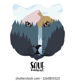 Saving of environment poster with landscape and tiger. Vector illustration. Eps 10.