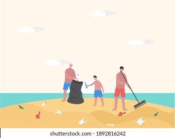 Saving environment vector concept: Three generation family clean up the beach by picking plastic waste in the sand