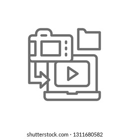 Saving film to laptop, cinema strip line icon.