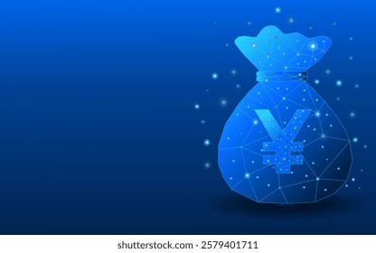 Saving or financial gain concept in yuan. Money bag in yuan currency in low poly style. Finance vector illustration on blue technology background.