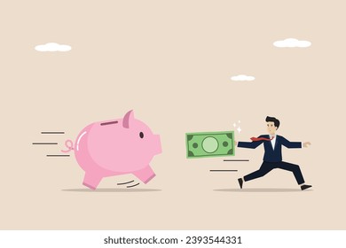 Sparen für den finanziellen Erfolg, Vermögensaufbau oder Frugalität, Geld sparen für zukünftiges Konzept, Geschäftsmann mit Geld, der das Sparschwein verfolgt.