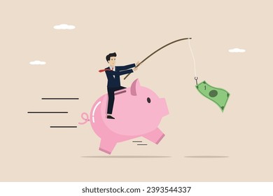 Saving for financial success, building wealth or frugality, saving money for the future concept, businessman driving a piggy bank fishing with banknotes.