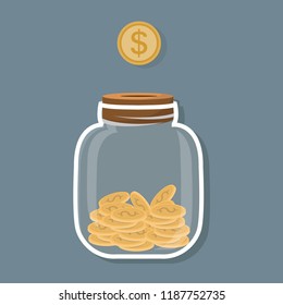 Saving flat coin in jar concept