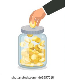 Saving flat money jar with hand hoding coin