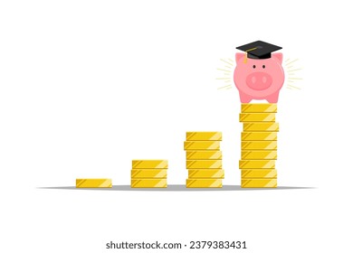 Saving to the future, Saving for education gold coin stack with piggy bank on isolated background, Vector illustration.