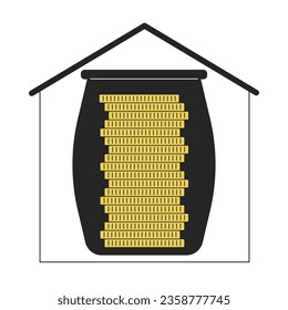 Saving in glass jar flat line color isolated vector object. Golden coins. Money accumulation. Editable clip art image on white background. Simple outline cartoon spot illustration for web design