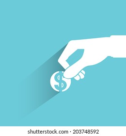 saving, hand holding dollar coin, blue background, flat and shadow theme