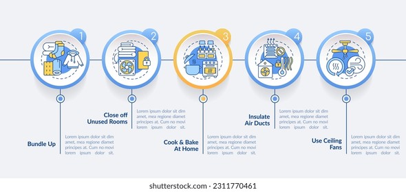 Saving heat energy bills in winter circle infographic template. Data visualization with 5 steps. Editable timeline info chart. Workflow layout with line icons. Lato Bold, Regular fonts used