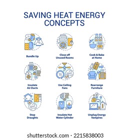 Saving Heat Energy Concept Icons Set. Warming Freezing House At Fall Weather Idea Thin Line Color Illustrations. Isolated Symbols. Editable Stroke. Roboto-Medium, Myriad Pro-Bold Fonts Used