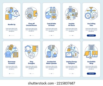 Saving heat energy onboarding mobile app screen set. Low power using walkthrough 5 steps editable graphic instructions with linear concepts. UI, UX, GUI template. Myriad Pro-Bold, Regular fonts used